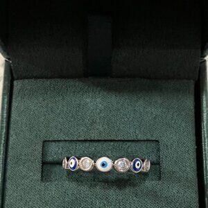 Silver 14KT Plate Evil Eye Ring with Cubic Zirconia and Enamel Accents (Size 8)